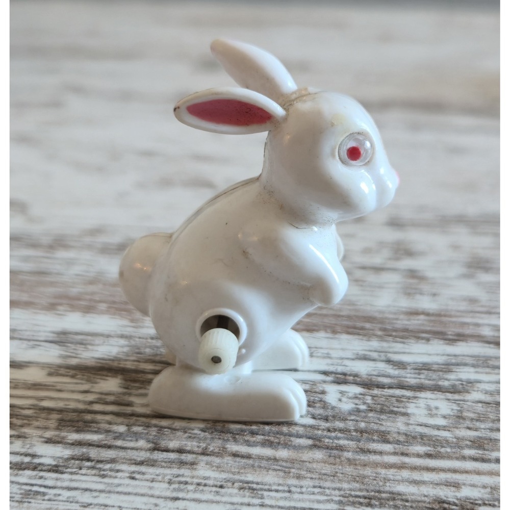 Vintage 1977 Tomy Wind Up Hopping Bunny Rabbit Toy - White Plastic, Red Eyes...